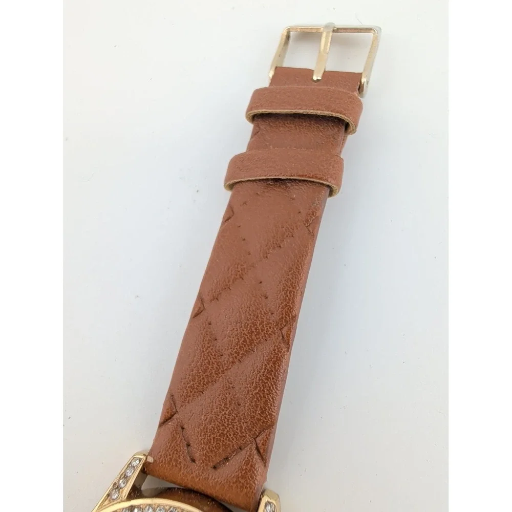 Women's Gold Watch 34mm Case Crystal Bezel Brown Faux Leather Band- New Battery